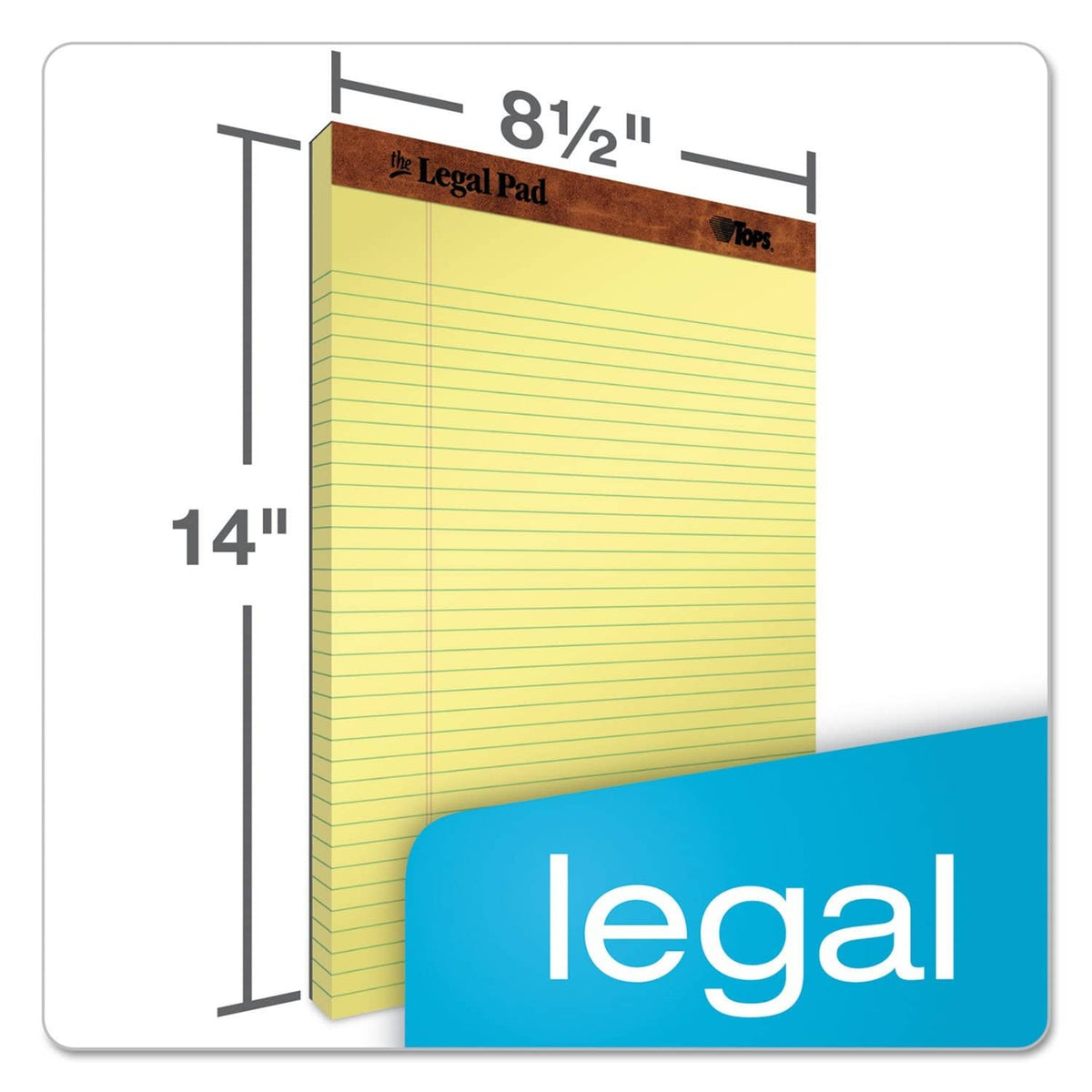 Canary yellow legal pad cover with ruled lines and size markings 8-1/2 in by 14 in