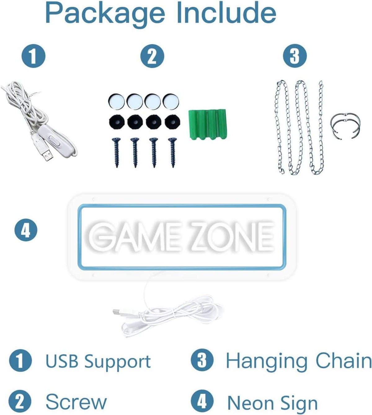 Neon sign package contents: neon sign, hanging chain, USB cable, and screws
