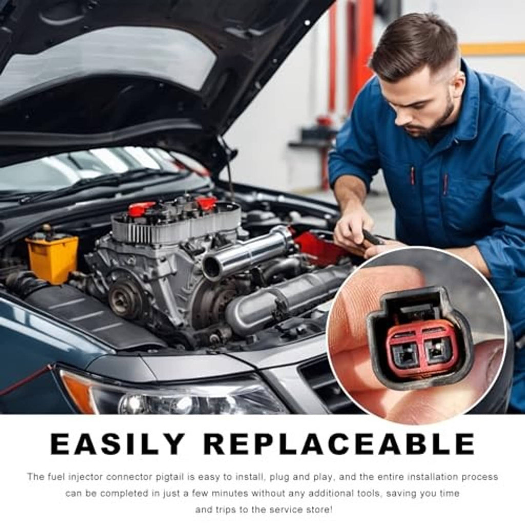 Fuel injector connector in engine bay: black housing with red 2-pin port