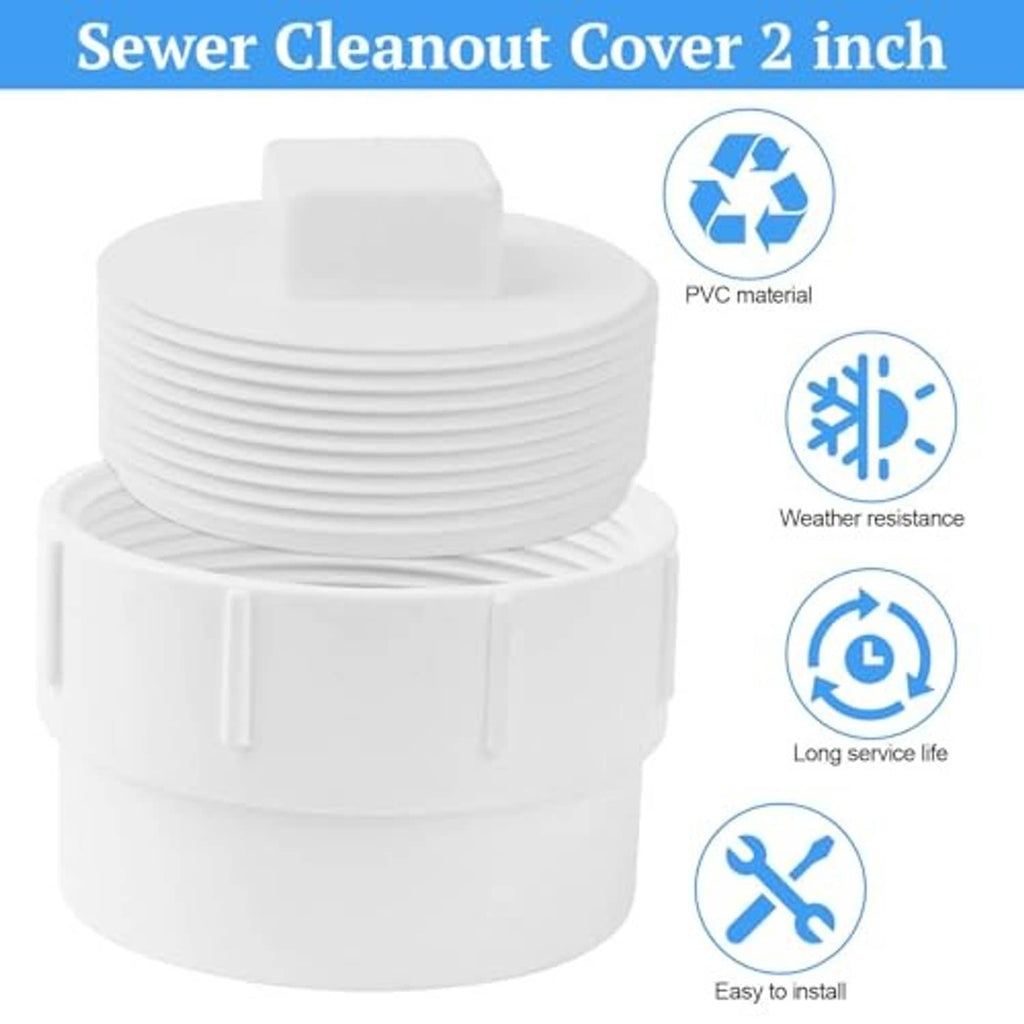 White PVC 2-inch sewer cleanout cover adapter with square plug cap