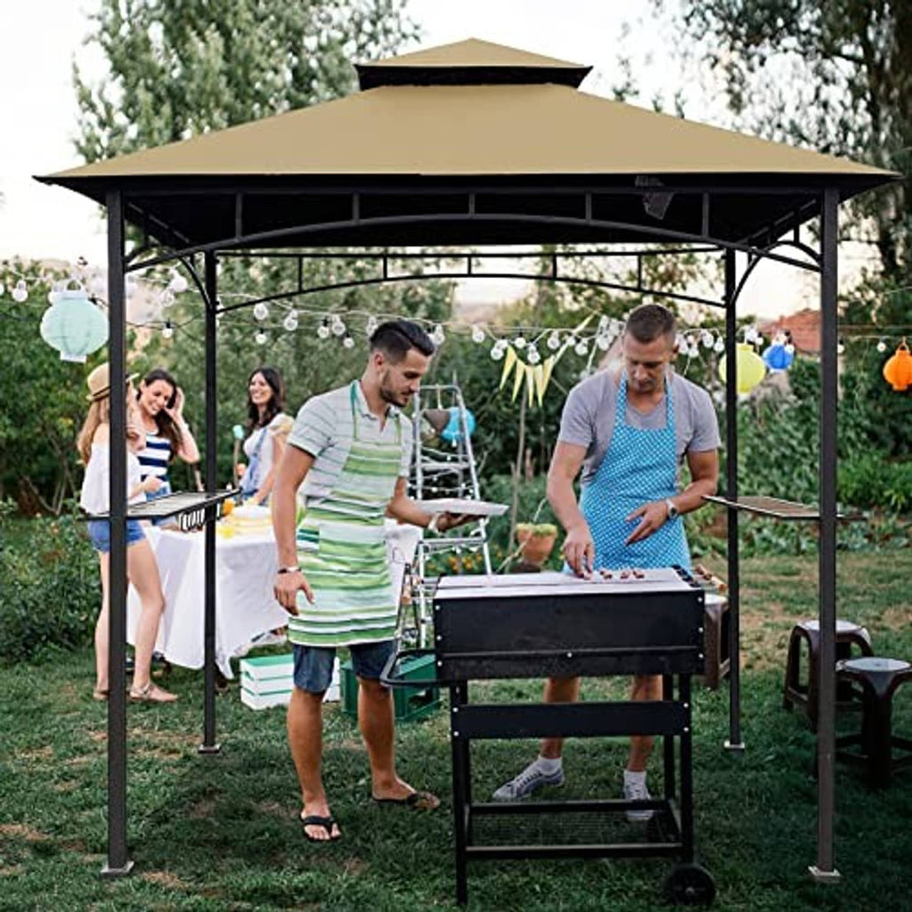 Khaki double-tier gazebo canopy top with vented, layered roof panels