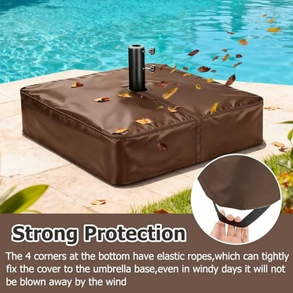 Brown umbrella base cover with center pole opening, elastic-secured corners and droplet resistance