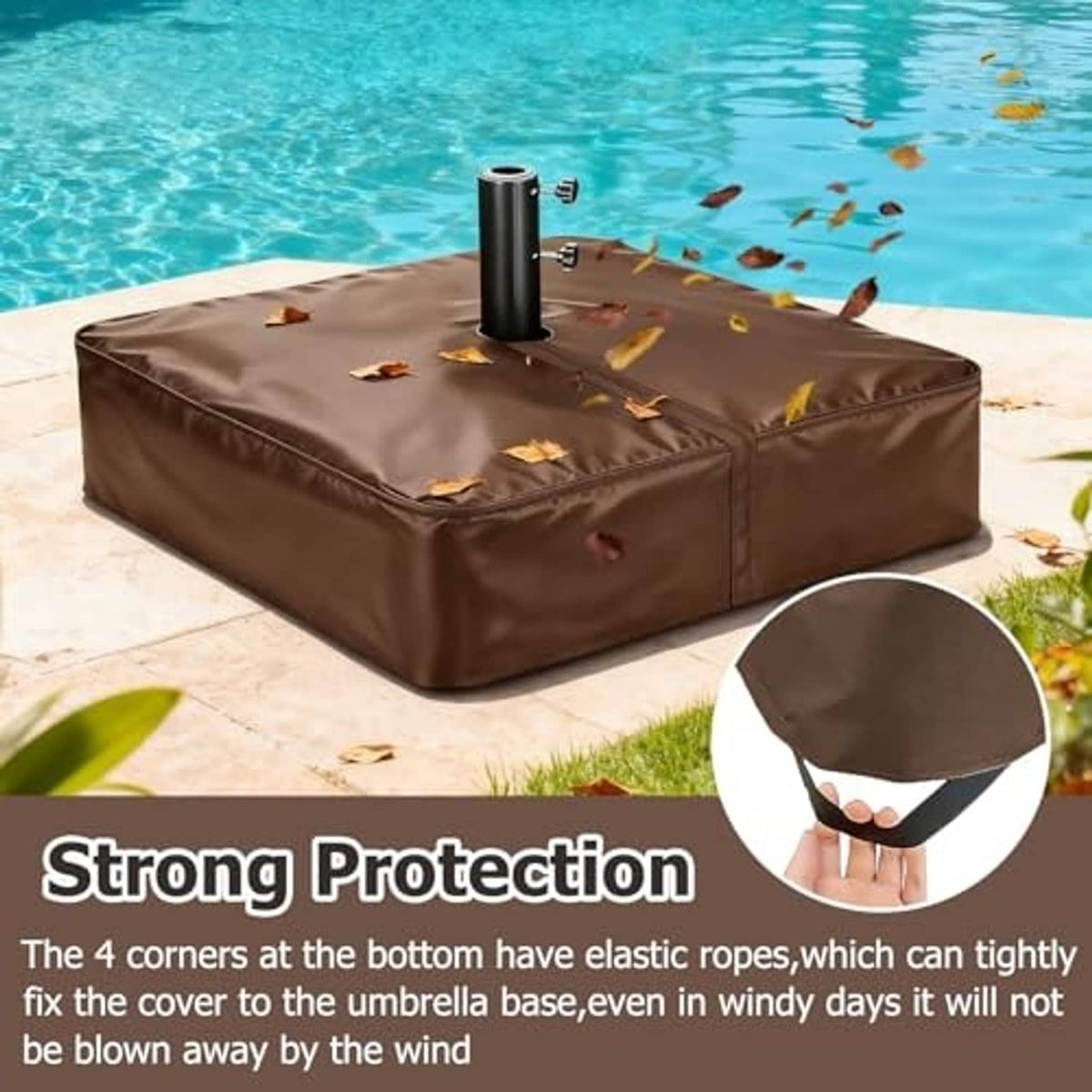 Brown umbrella base cover with center pole opening, elastic-secured corners and droplet resistance
