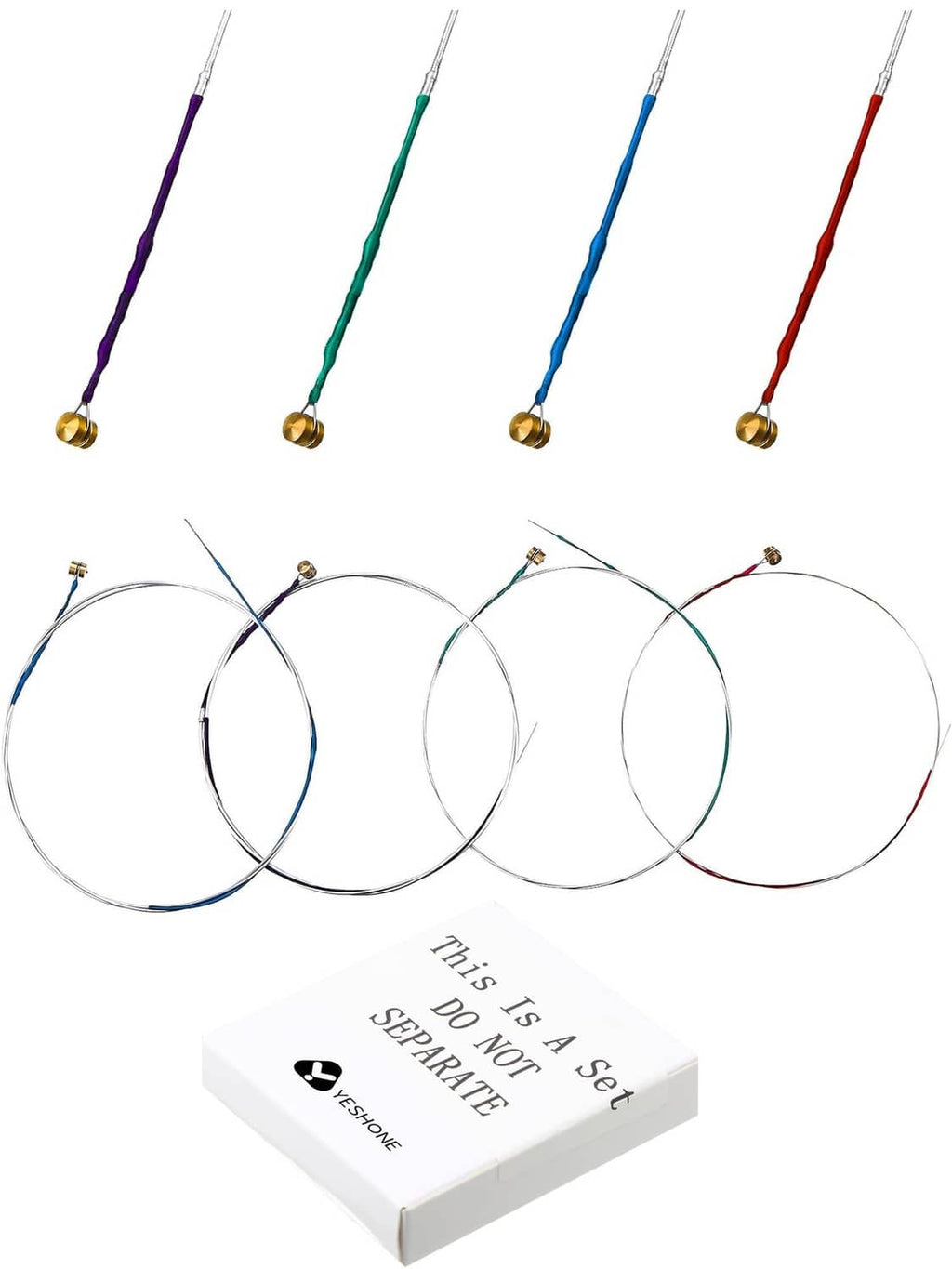 Full violin strings set with gold ends: purple, green, blue, and red, plus four loops