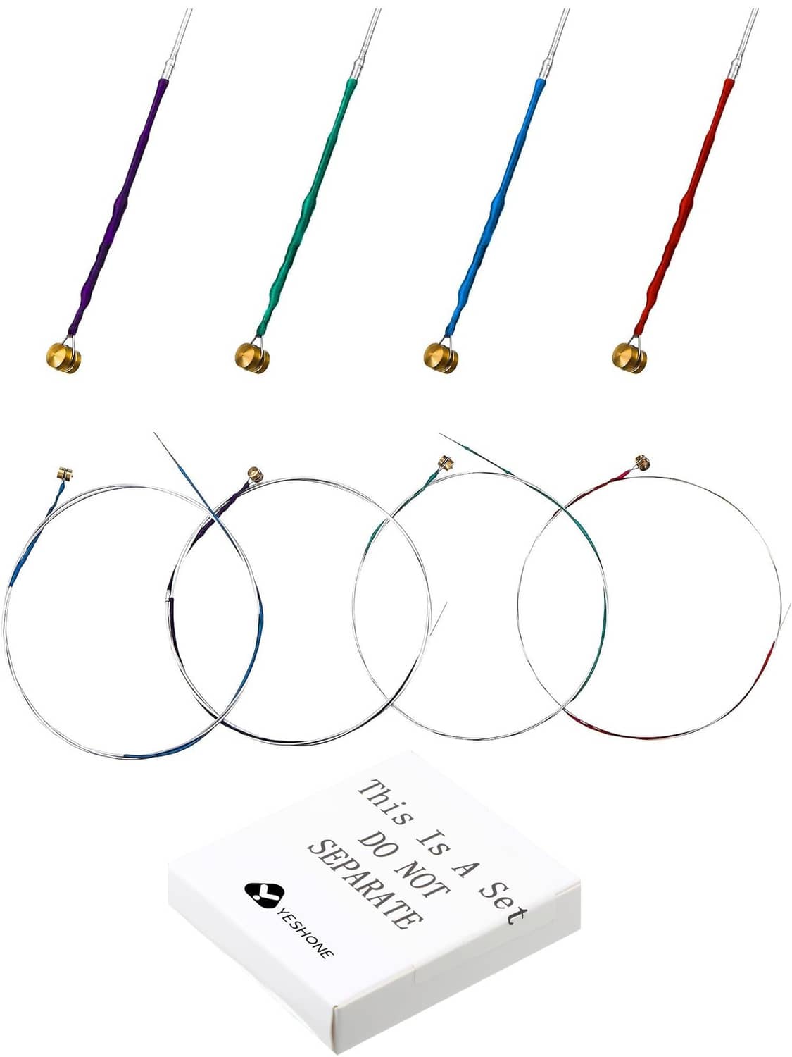 Full violin strings set with gold ends: purple, green, blue, and red, plus four loops