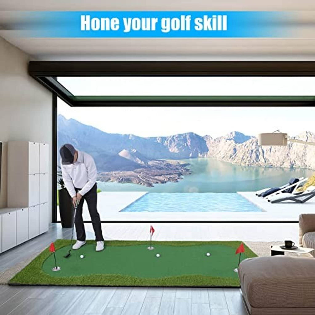 Green golf putting mat on floor with red flags and cup hole targets