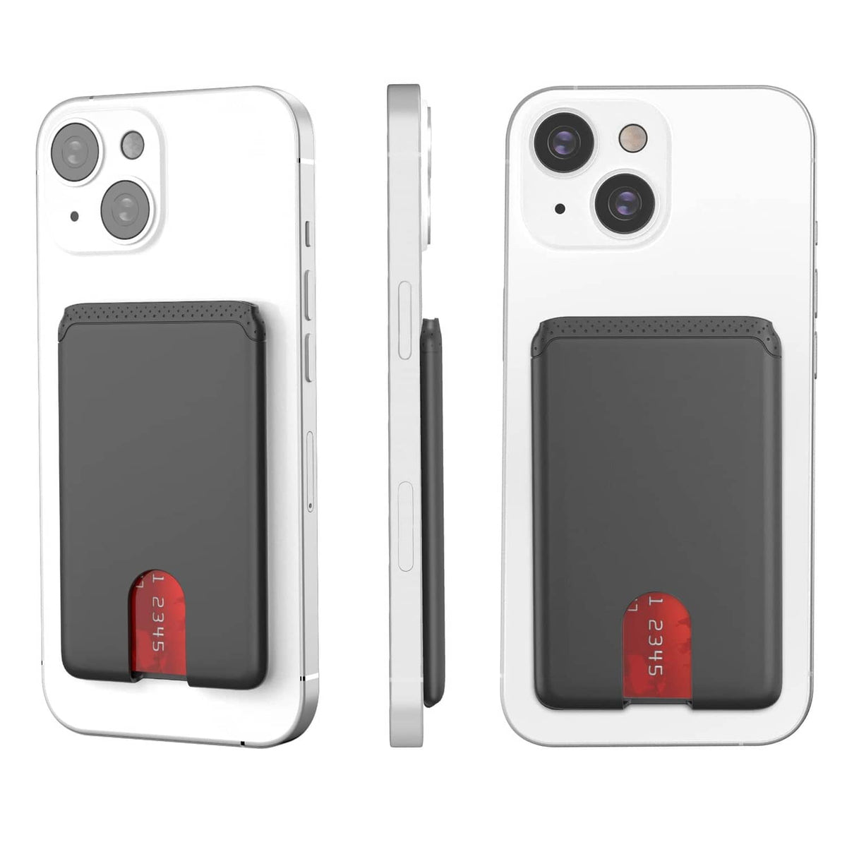 Black stick-on phone wallet card holder shown from front and side views