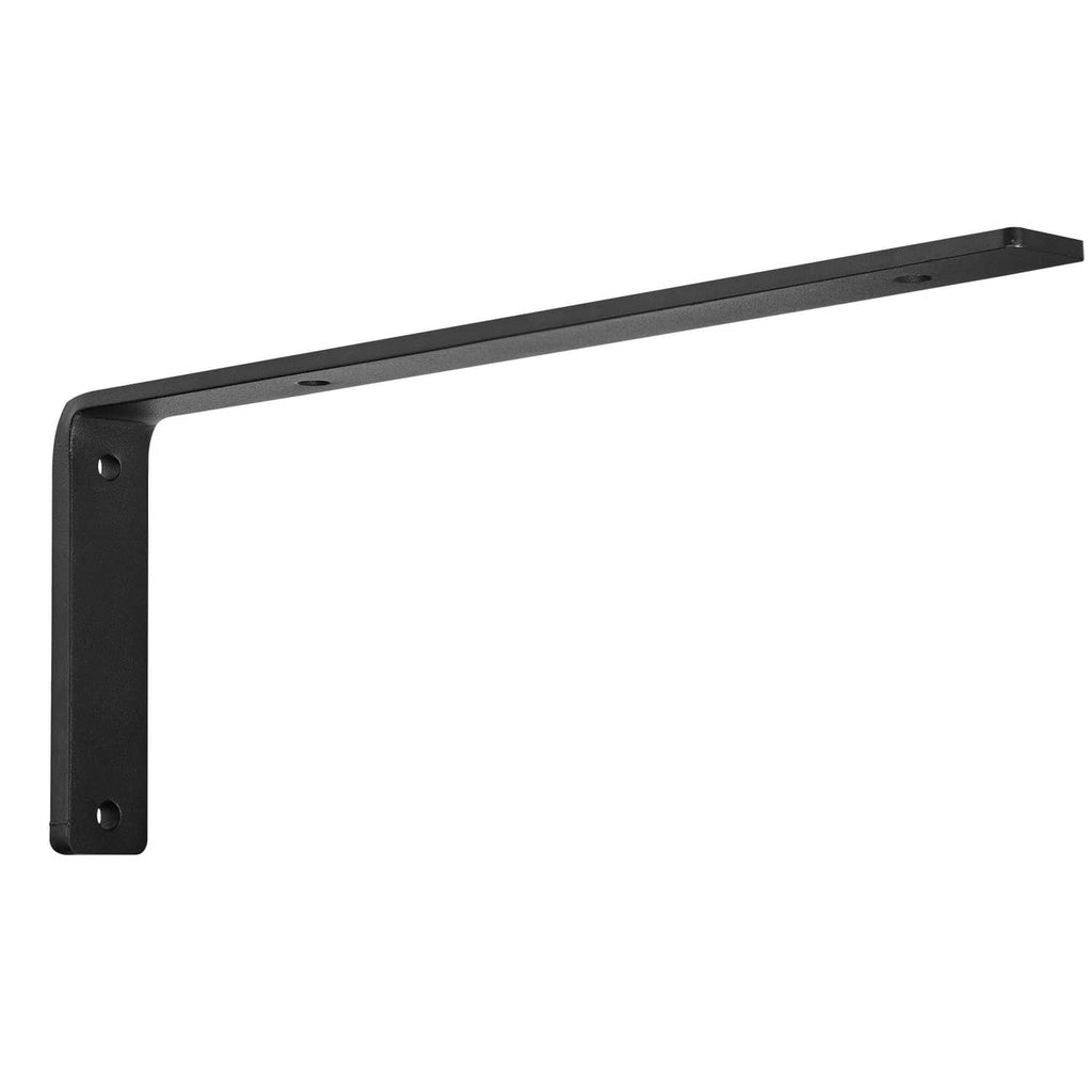 Black L-shaped shelf bracket corner piece with four mounting holes