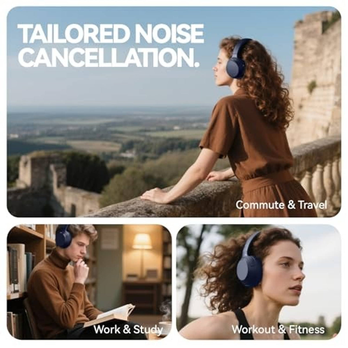 Blue over-ear headphones worn on head, cushioned earcups and adjustable headband