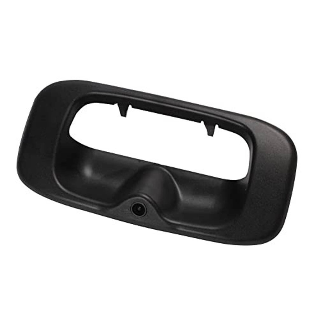 Black tailgate backup camera handle housing with lens opening