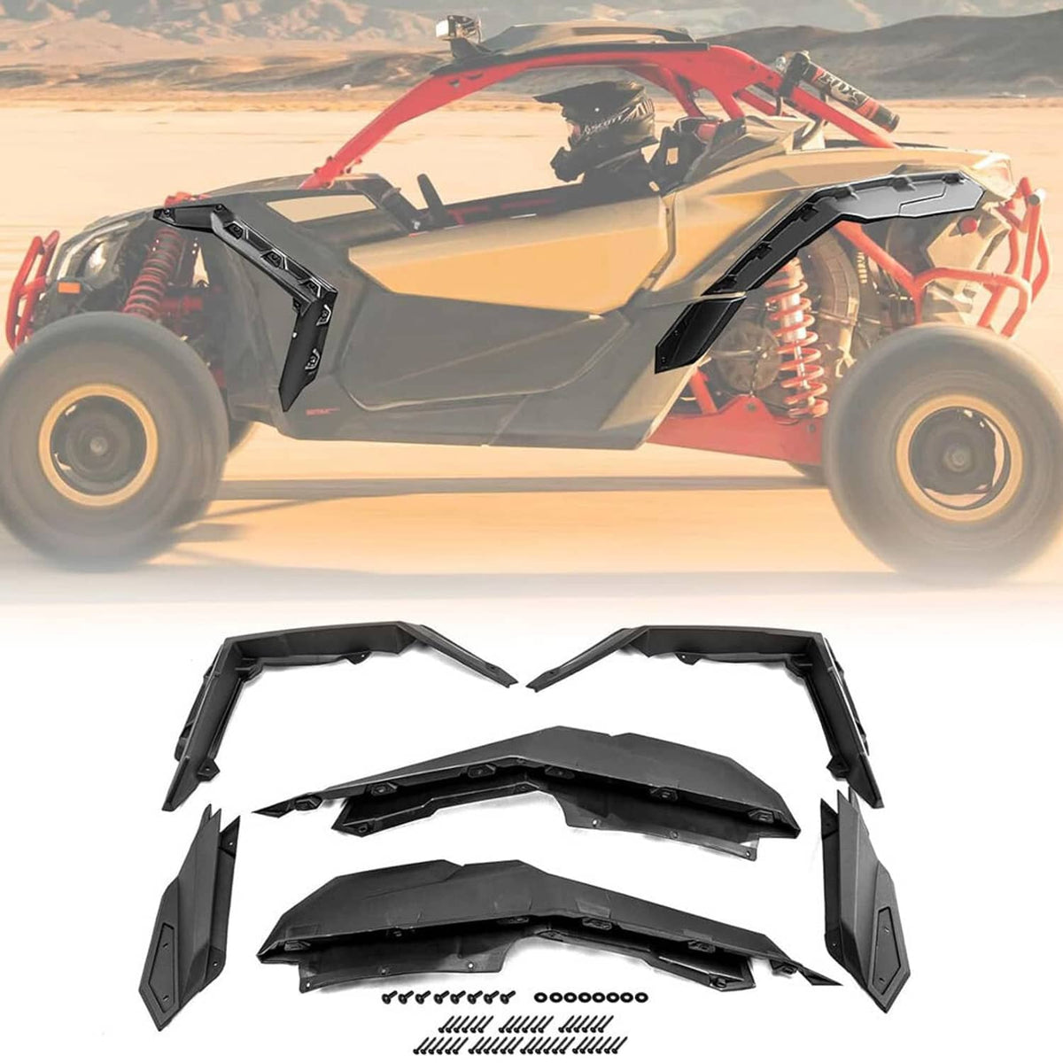 Black extended fender flare parts kit with several curved panels and fasteners