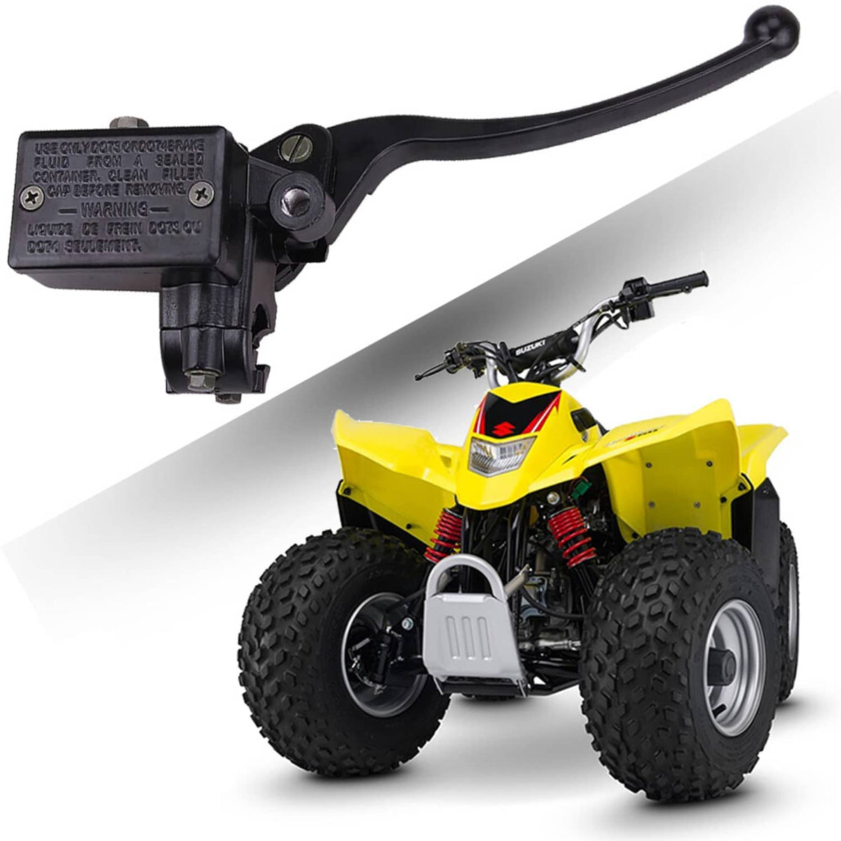 Black brake master cylinder with long lever, hydraulic reservoir housing