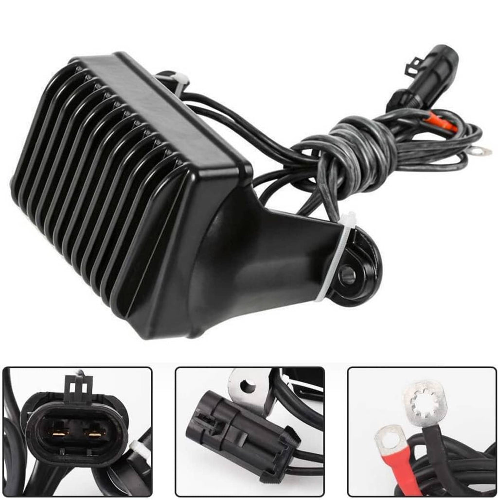 Black finned voltage regulator with wiring harness and mounting bolts