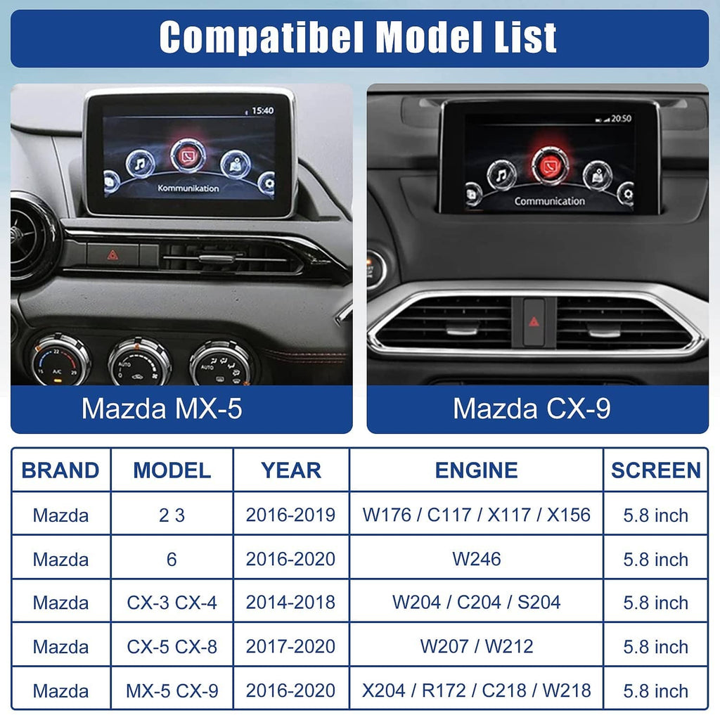 Compatible model list chart for Mazda models with engine and screen size columns