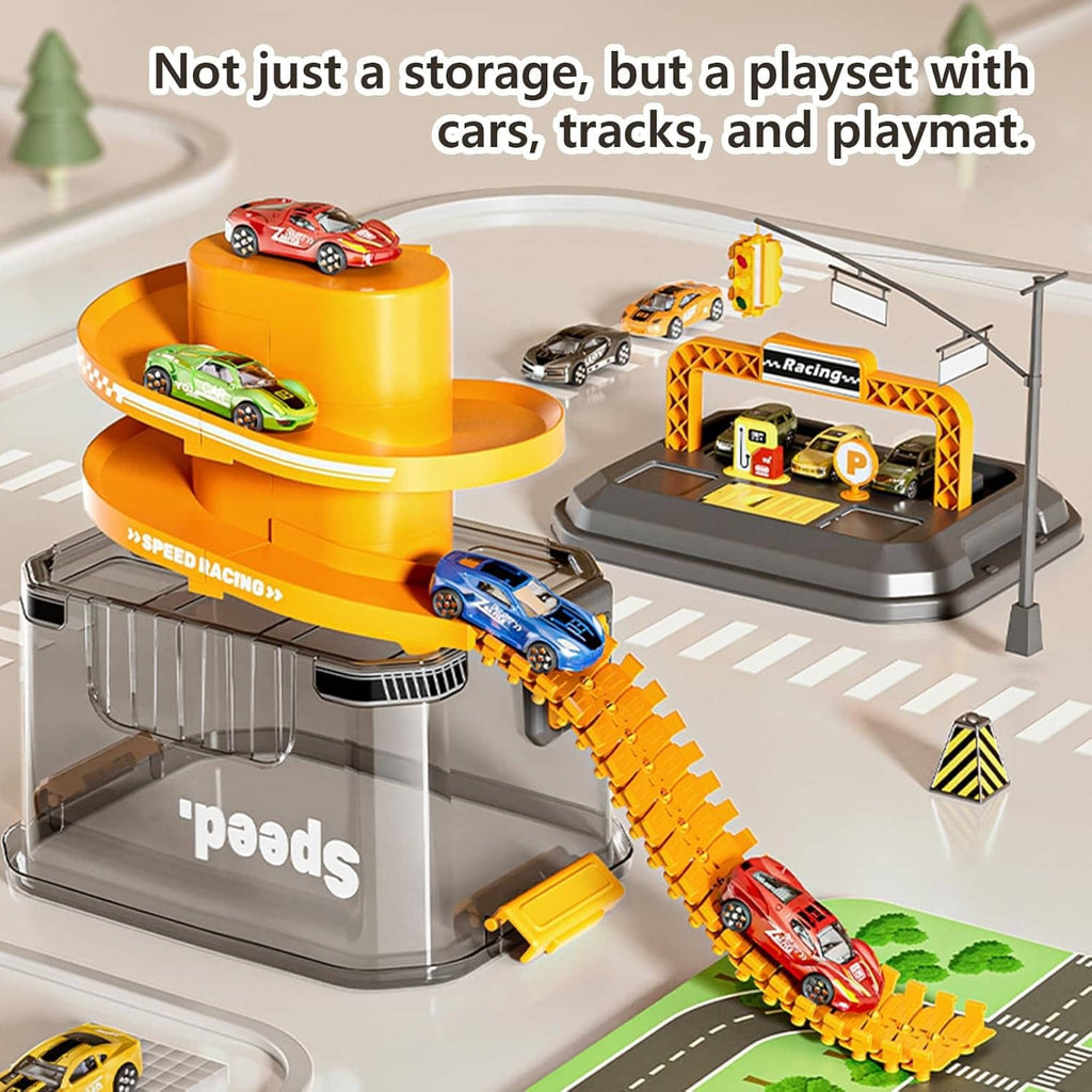 Gray and orange car track storage playset with multiple ramps and toy cars