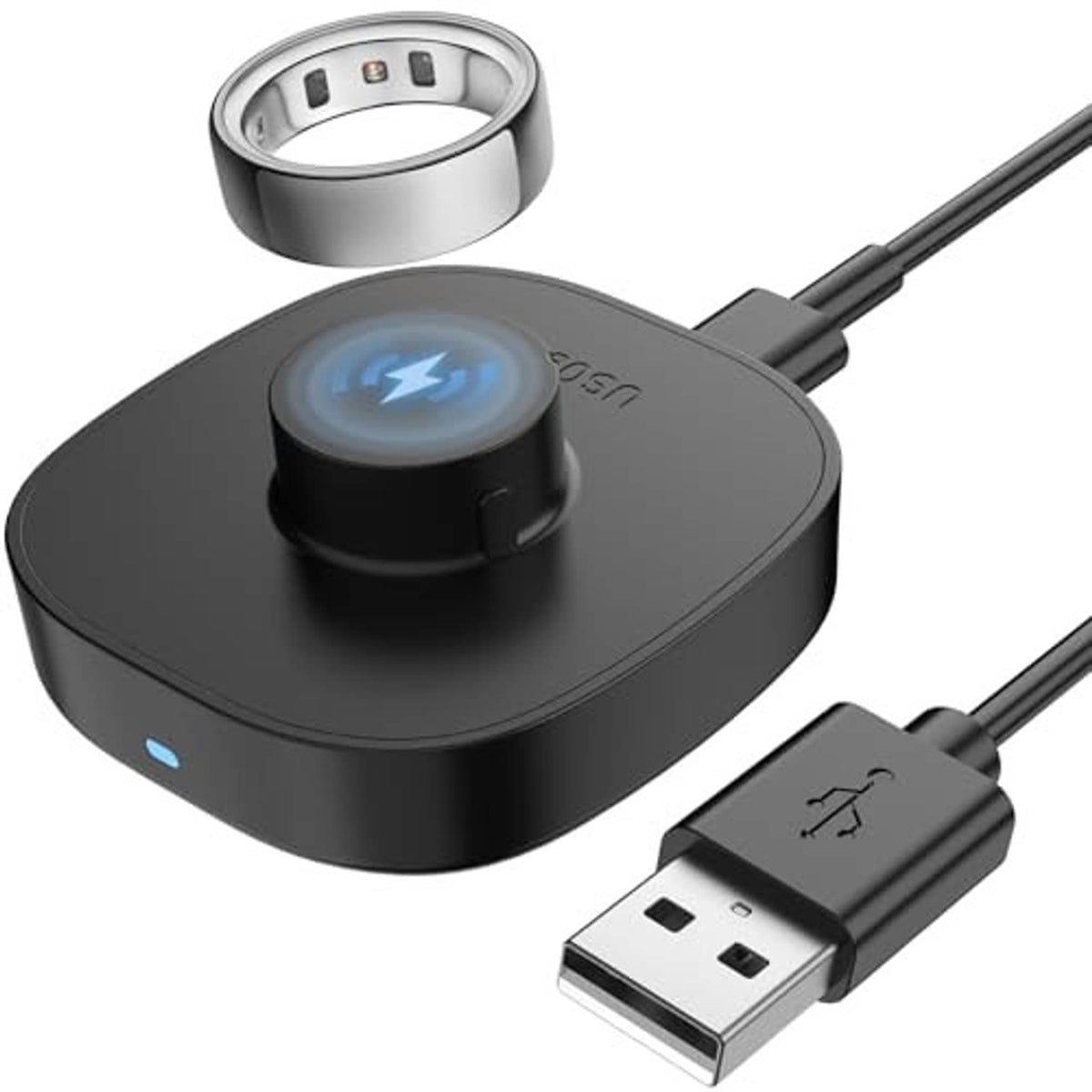 Ring charger base with LED indicator and USB-A cable connector