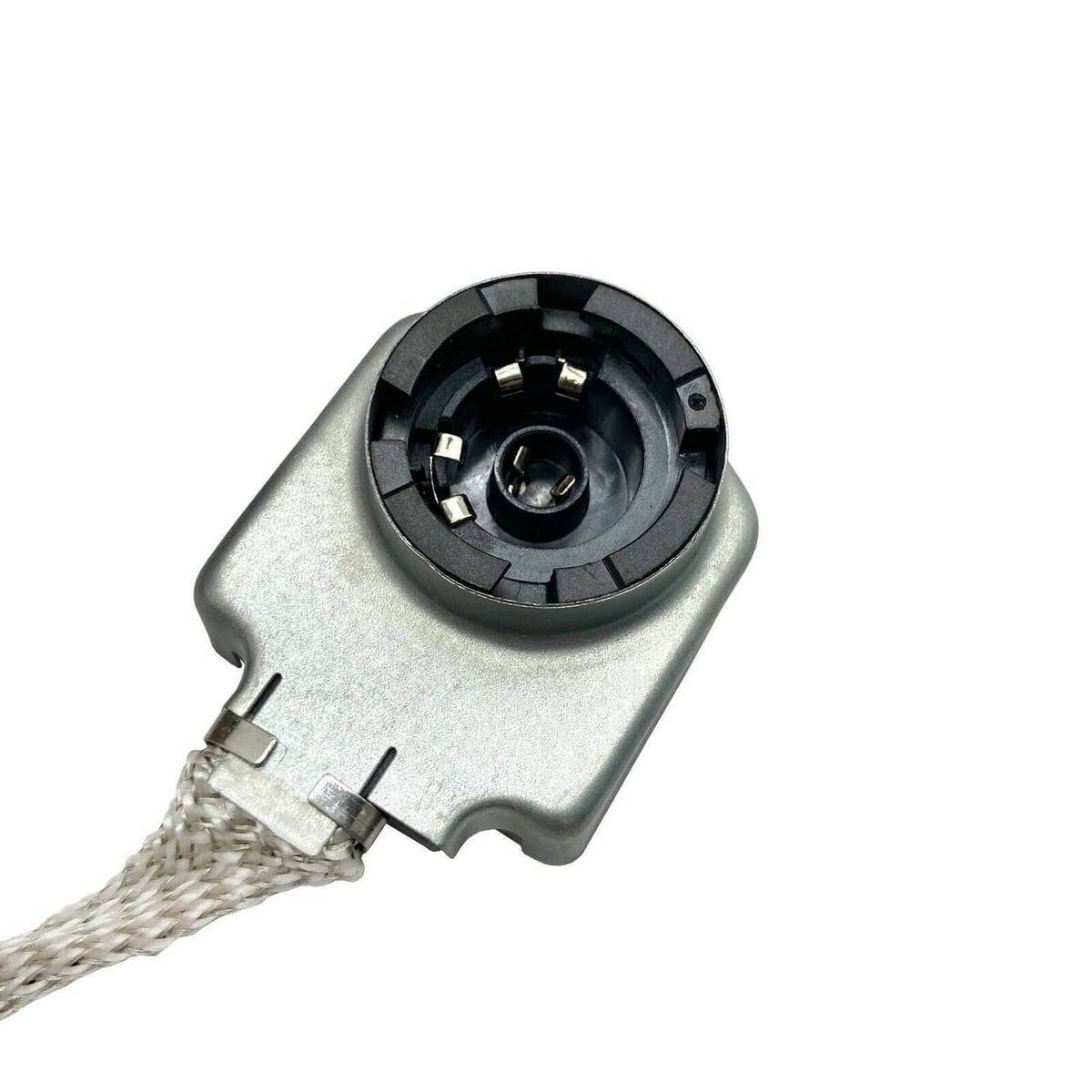 HID xenon igniter cap with black circular socket and braided power cable