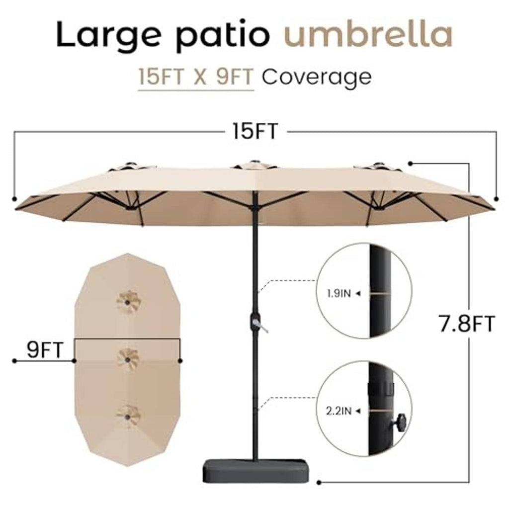 Large rectangle patio umbrella with beige canopy and black center pole