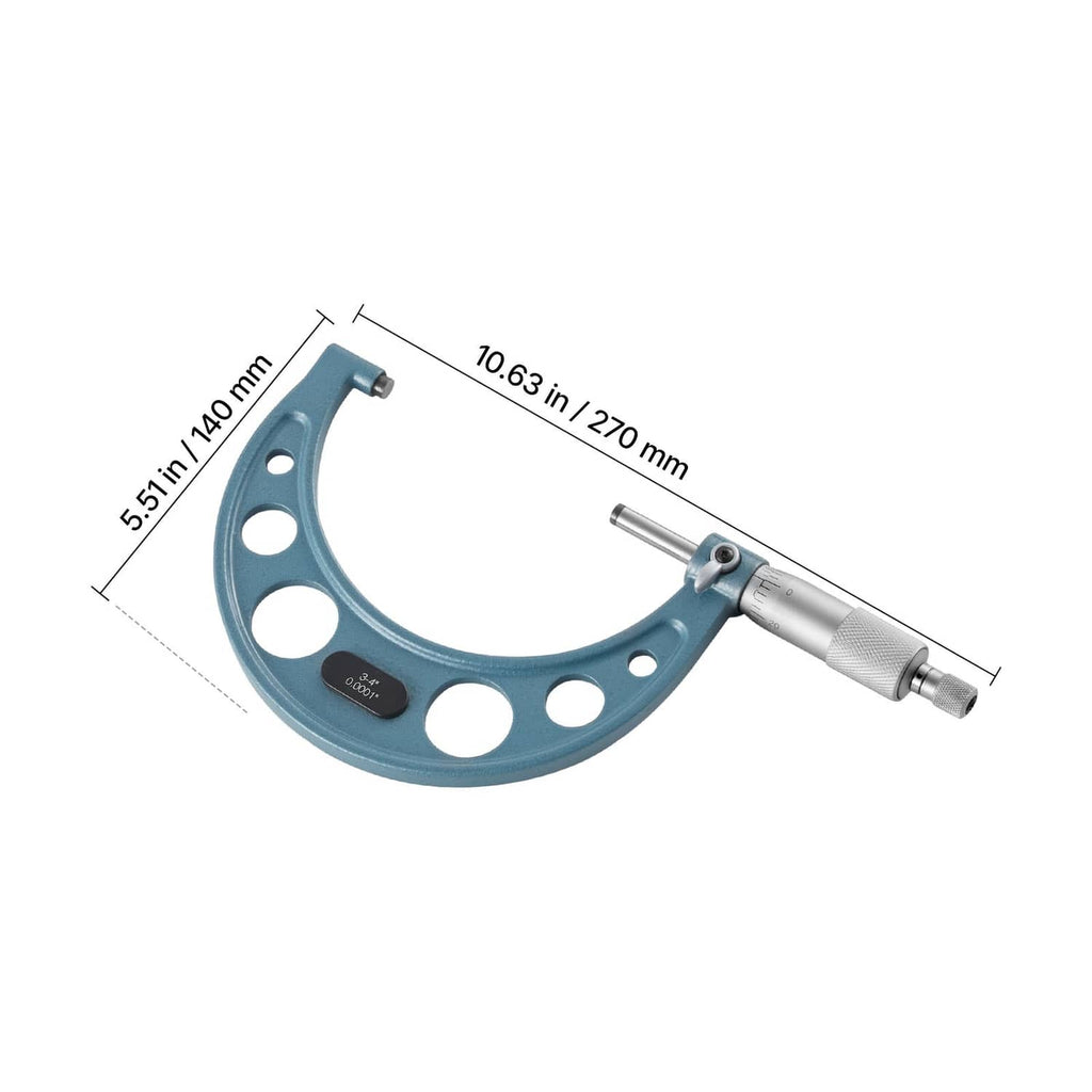 Uimoso outside micrometer with blue frame and silver thimble, shown with size