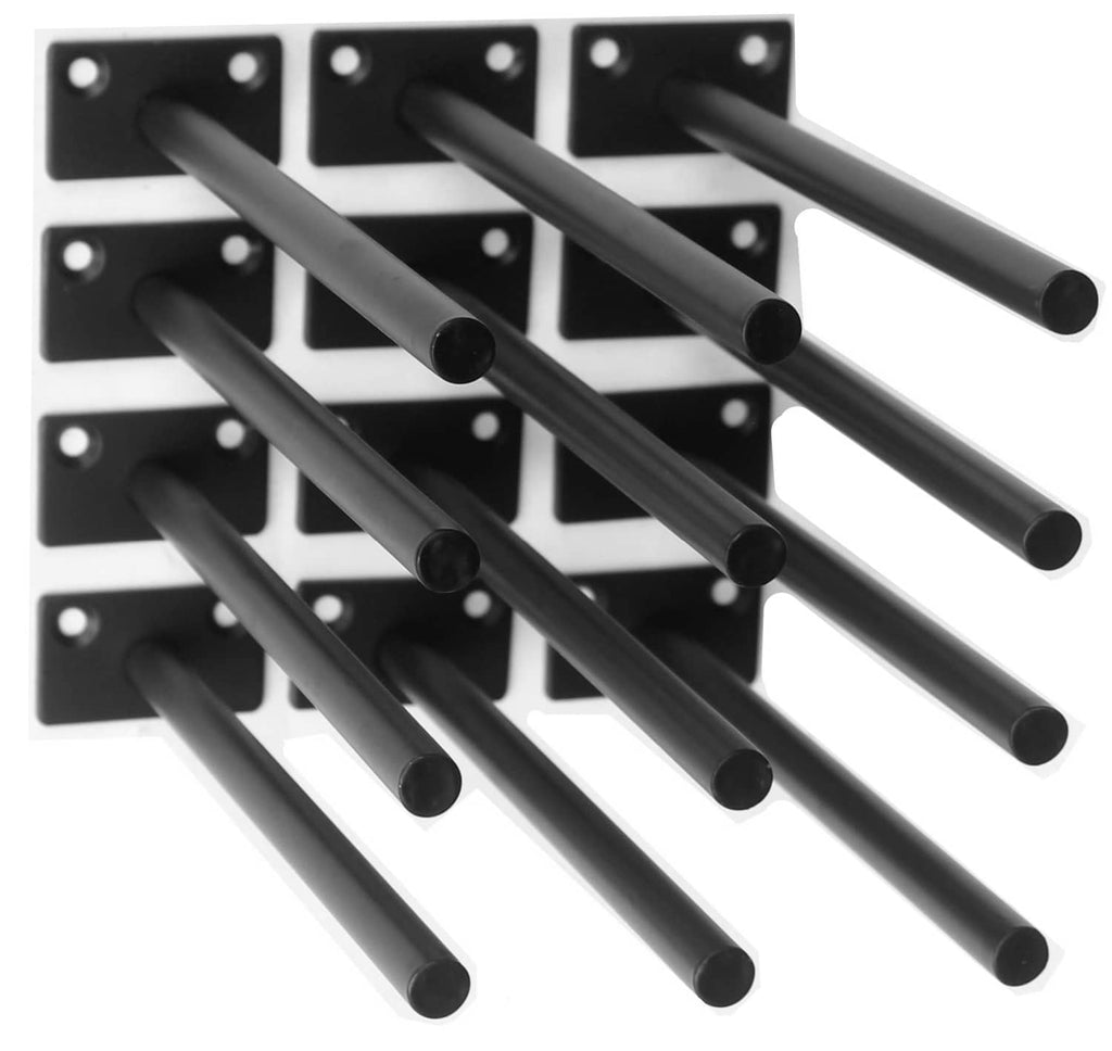 Black steel floating shelf brackets with attached mounting plates, 8-inch bars