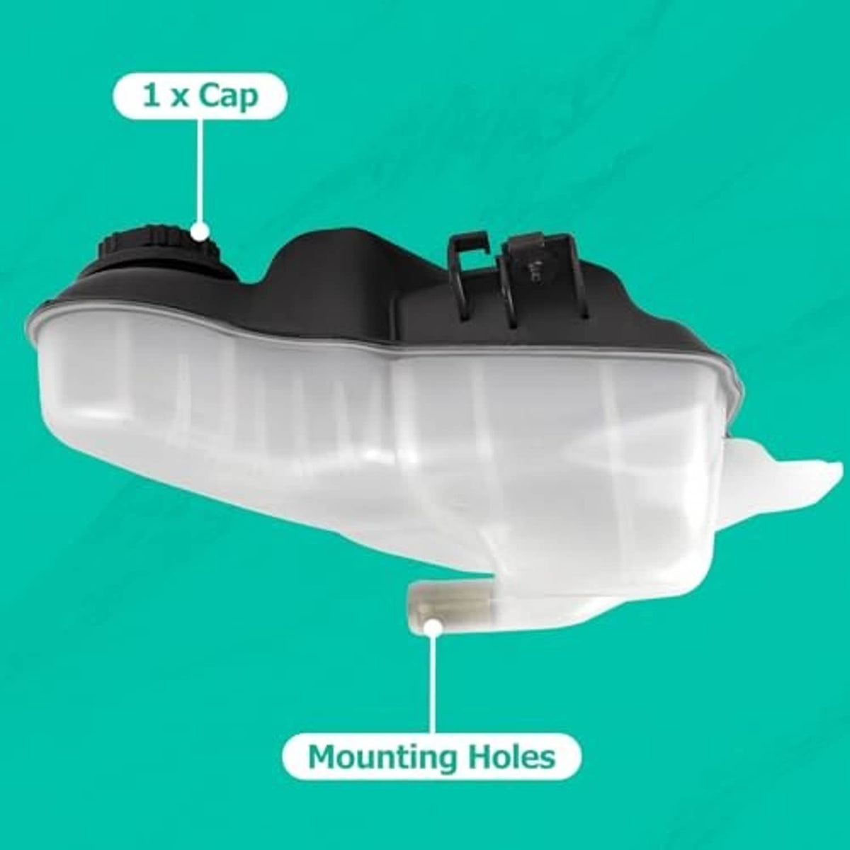 Coolant reservoir tank with cap and visible mounting holes