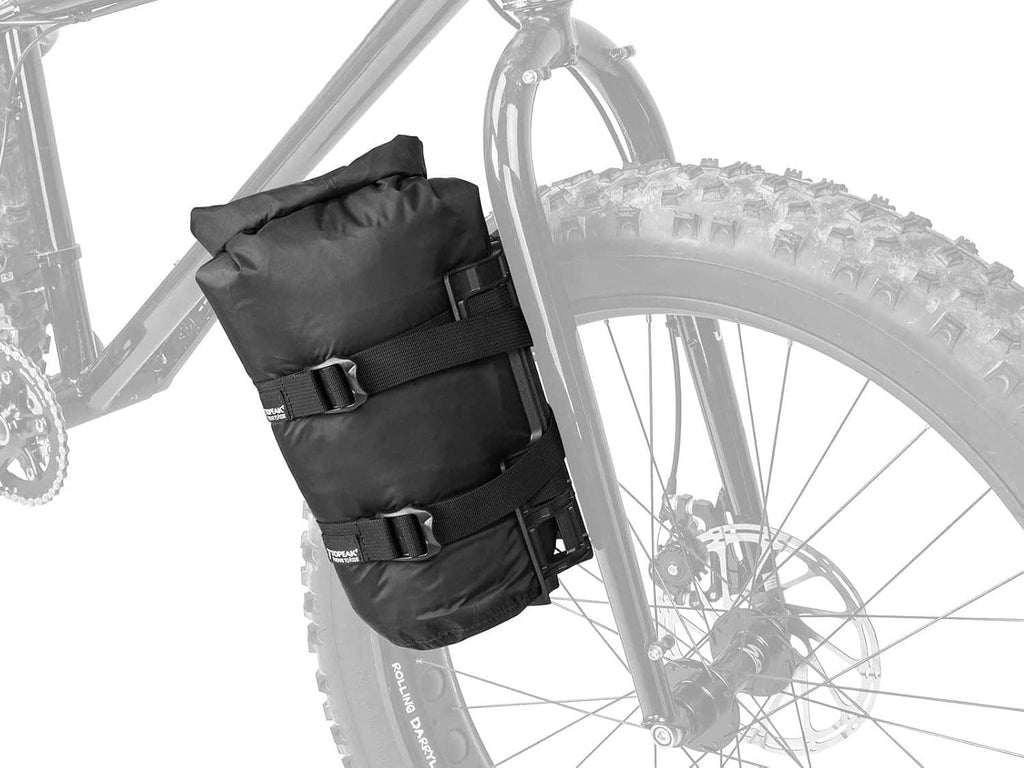 Black rear cargo bag mounted to bike fork with strap bands