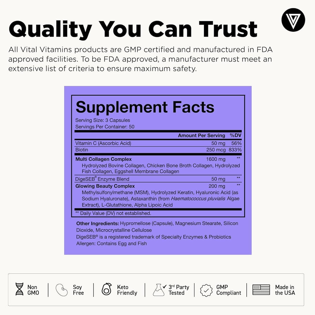 Supplement facts panel with serving size, ingredients, and daily %DV for collagen