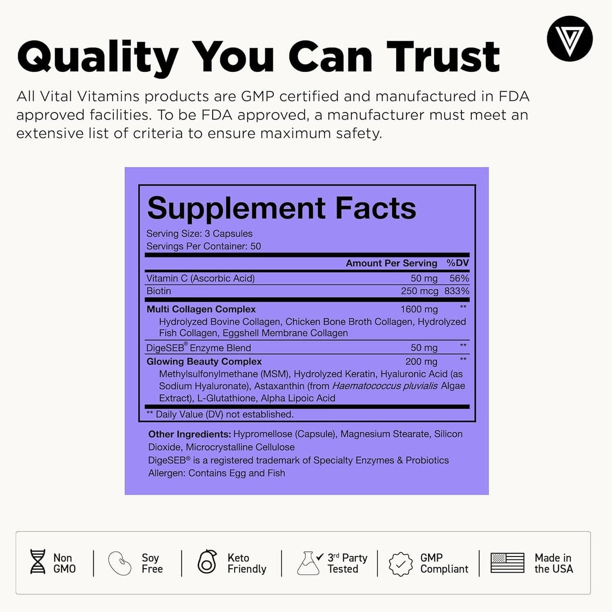 Supplement facts panel with serving size, ingredients, and daily %DV for collagen