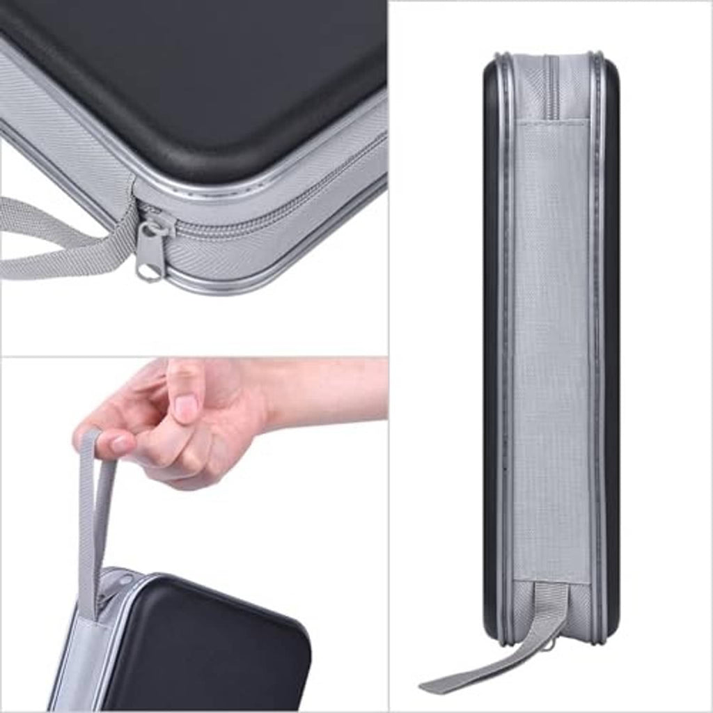 Black hard CD case with zipper closure and molded edge; carry strap detail shown.