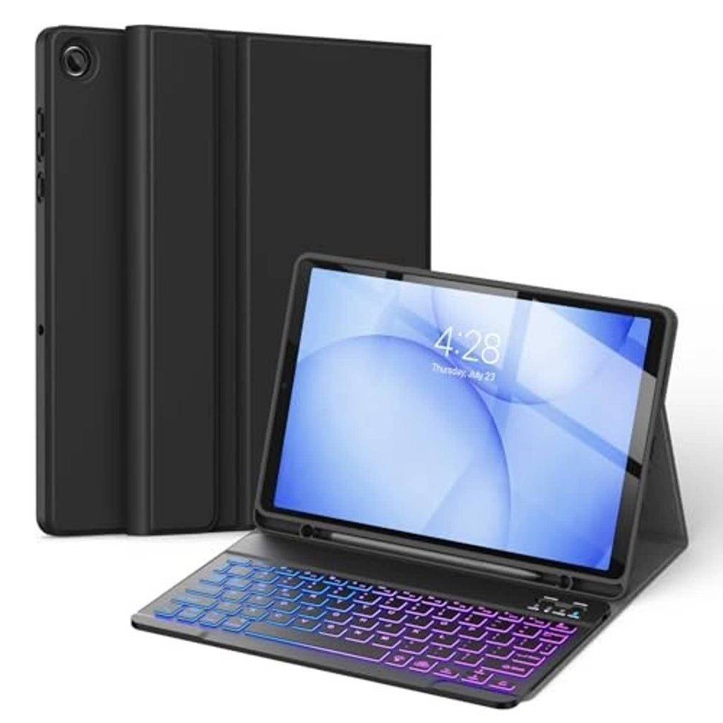 Black folio keyboard case with tablet screen and attached keyboard, angled view