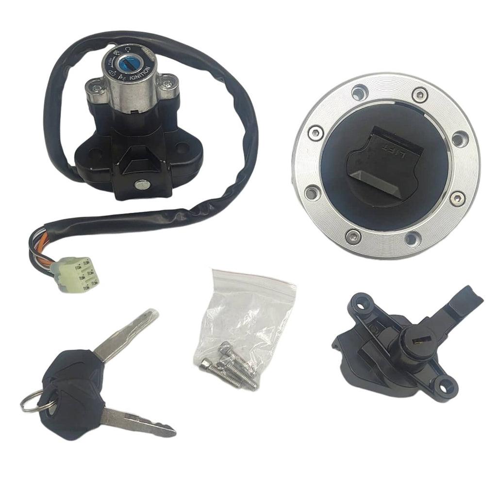 Ignition switch and fuel gas cap assembly with keys, wiring harness, and mounting clips