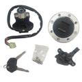 Ignition switch and fuel gas cap assembly with keys, wiring harness, and mounting clips