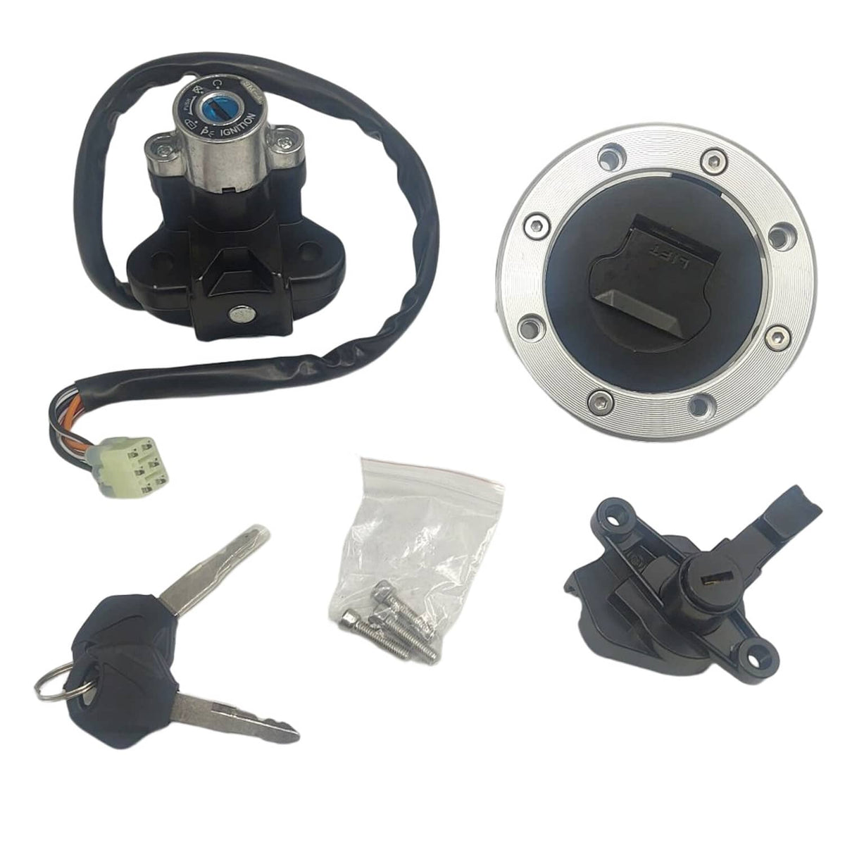 Ignition switch and fuel gas cap assembly with keys, wiring harness, and mounting clips