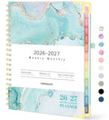 Teal marble academic planner 2026-2027 with weekly-monthly layout, tabs, spiral binding