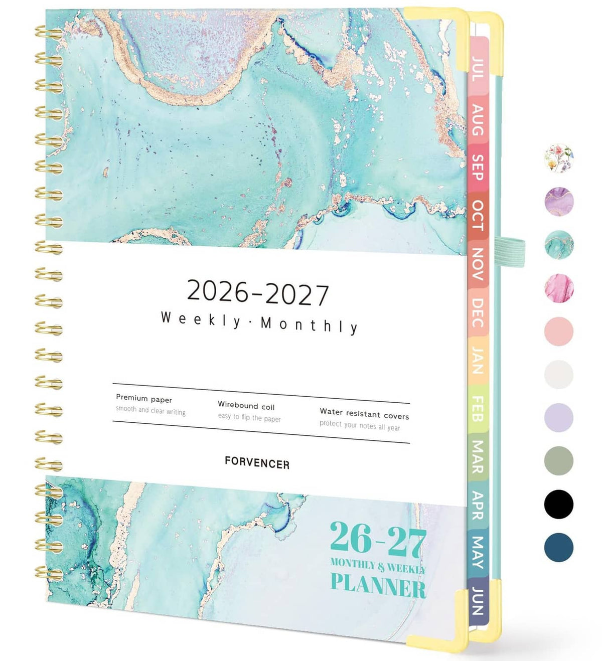 Teal marble academic planner 2026-2027 with weekly-monthly layout, tabs, spiral binding