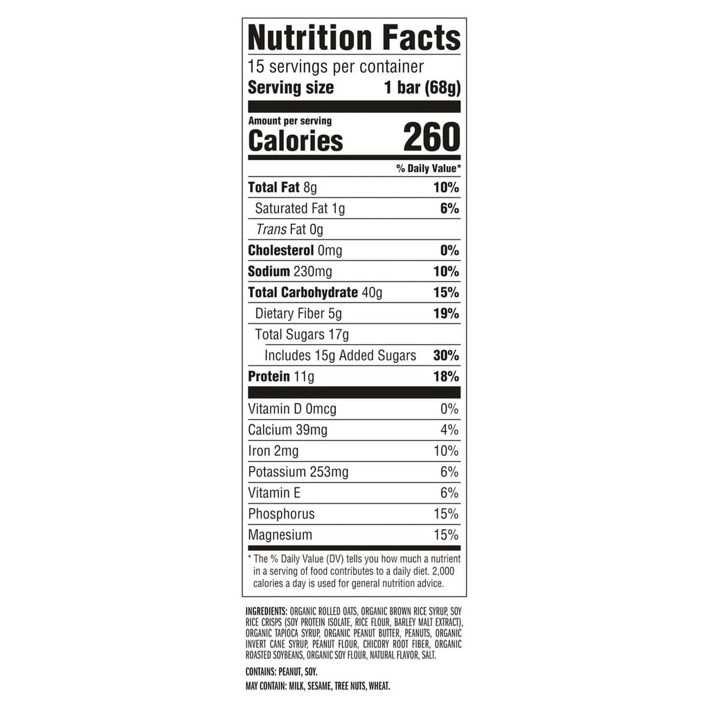 Nutrition Facts panel for CLIF crunchy peanut butter energy bar (1 bar, 68 g)
