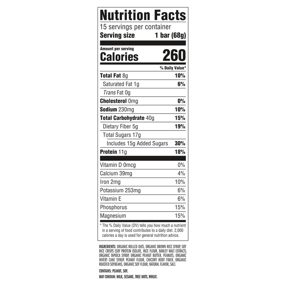 Nutrition Facts panel for CLIF crunchy peanut butter energy bar (1 bar, 68 g)