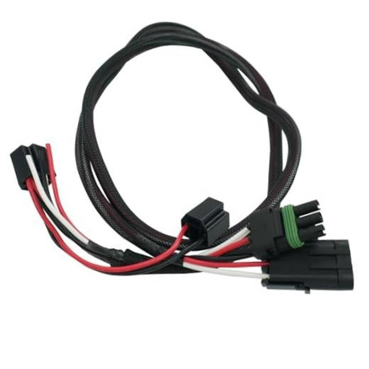 Headlight wiring harness pigtail adapter with black housing and green-ring plugs