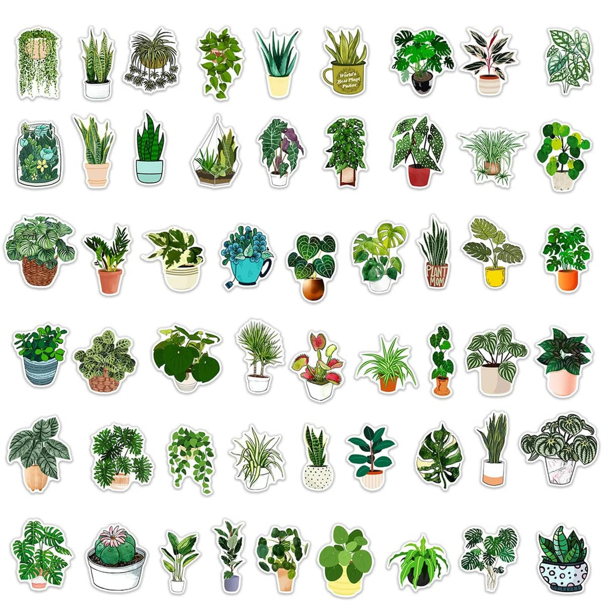 Pack of green potted plant die-cut stickers, 50 assorted succulents and leaves
