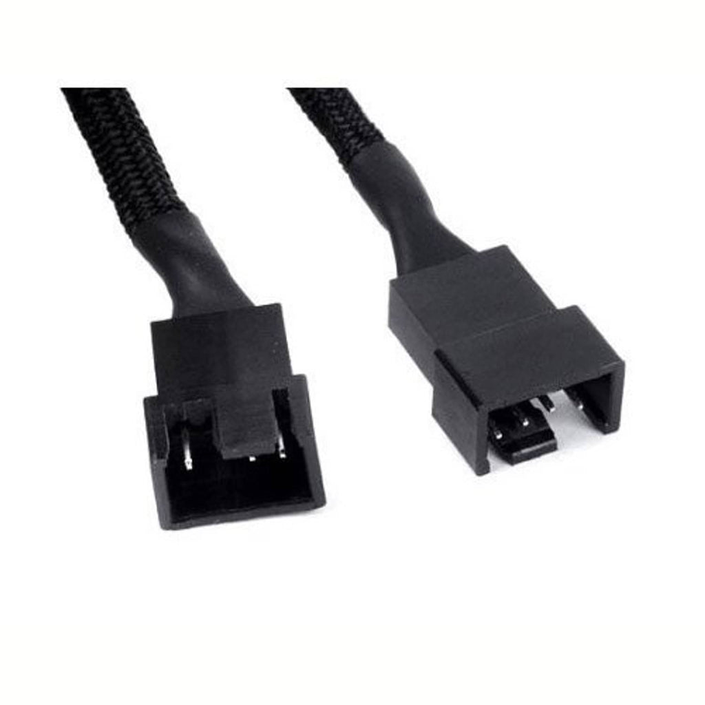 Two black PWM splitter connectors and plugs with sleeved wiring, side view