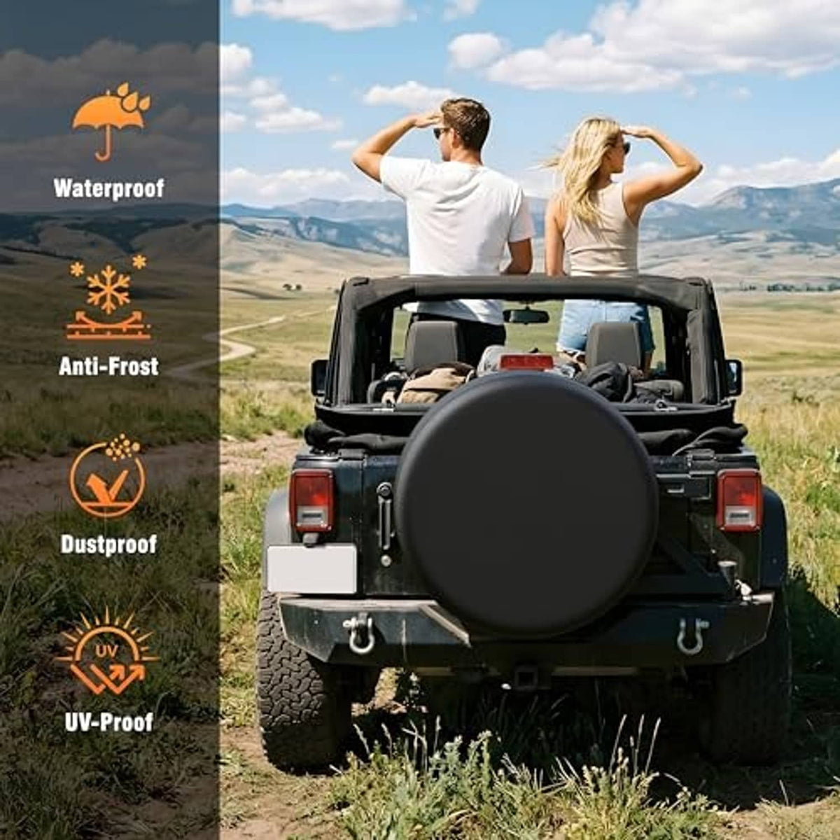 Black spare tire cover on an off-road vehicle with waterproof, UV, dust, and anti-frost icons
