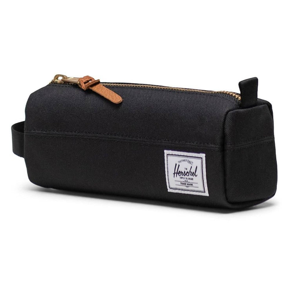 Black Herschel pencil case with side logo patch, zip top, carrying loop