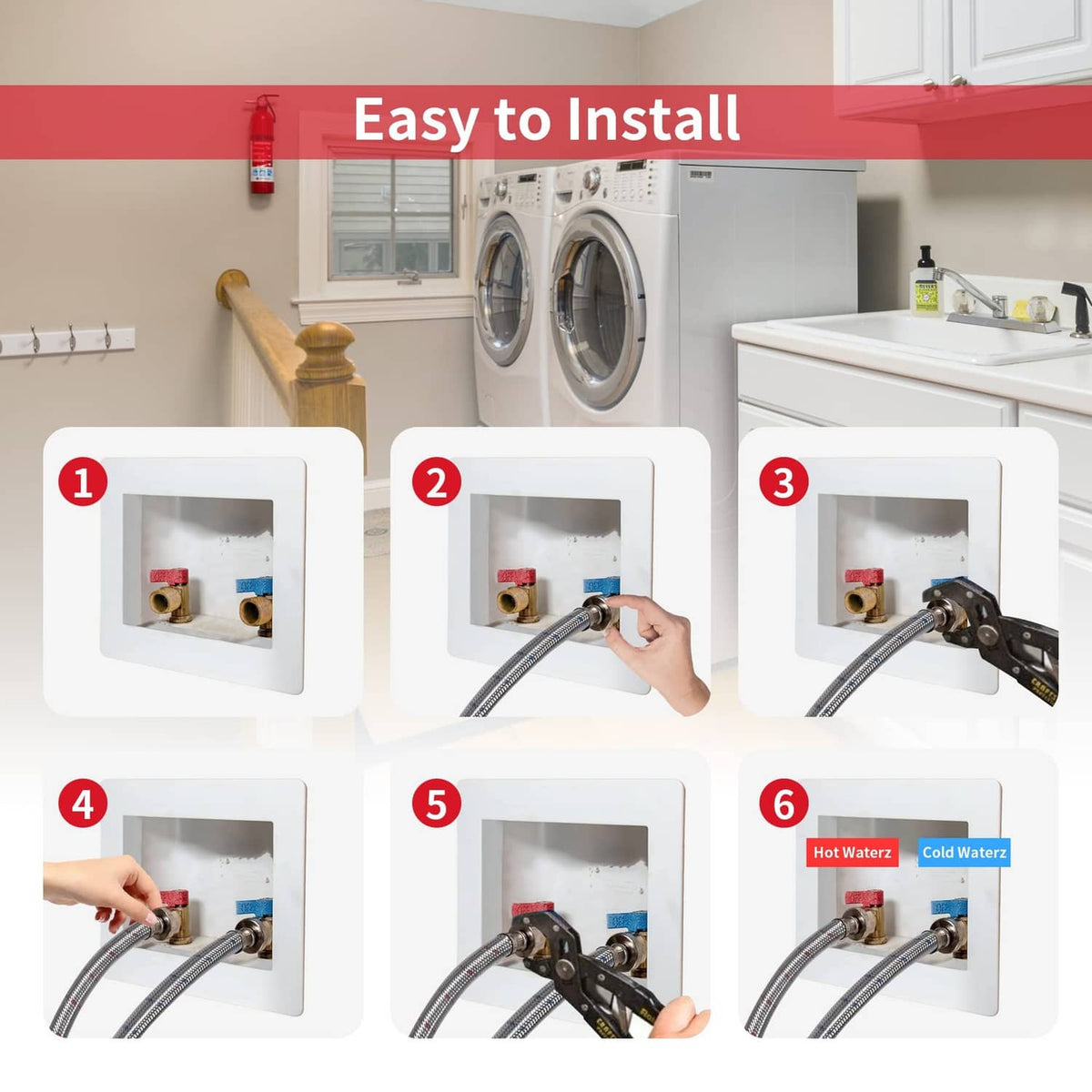 Stainless braided washing machine hoses with metal couplings, ready to connect