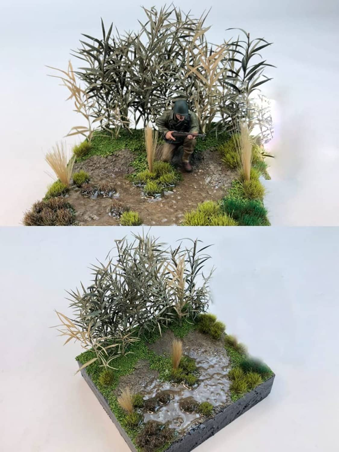 Miniature shrub diorama on square base with dense green and tan foliage clumps