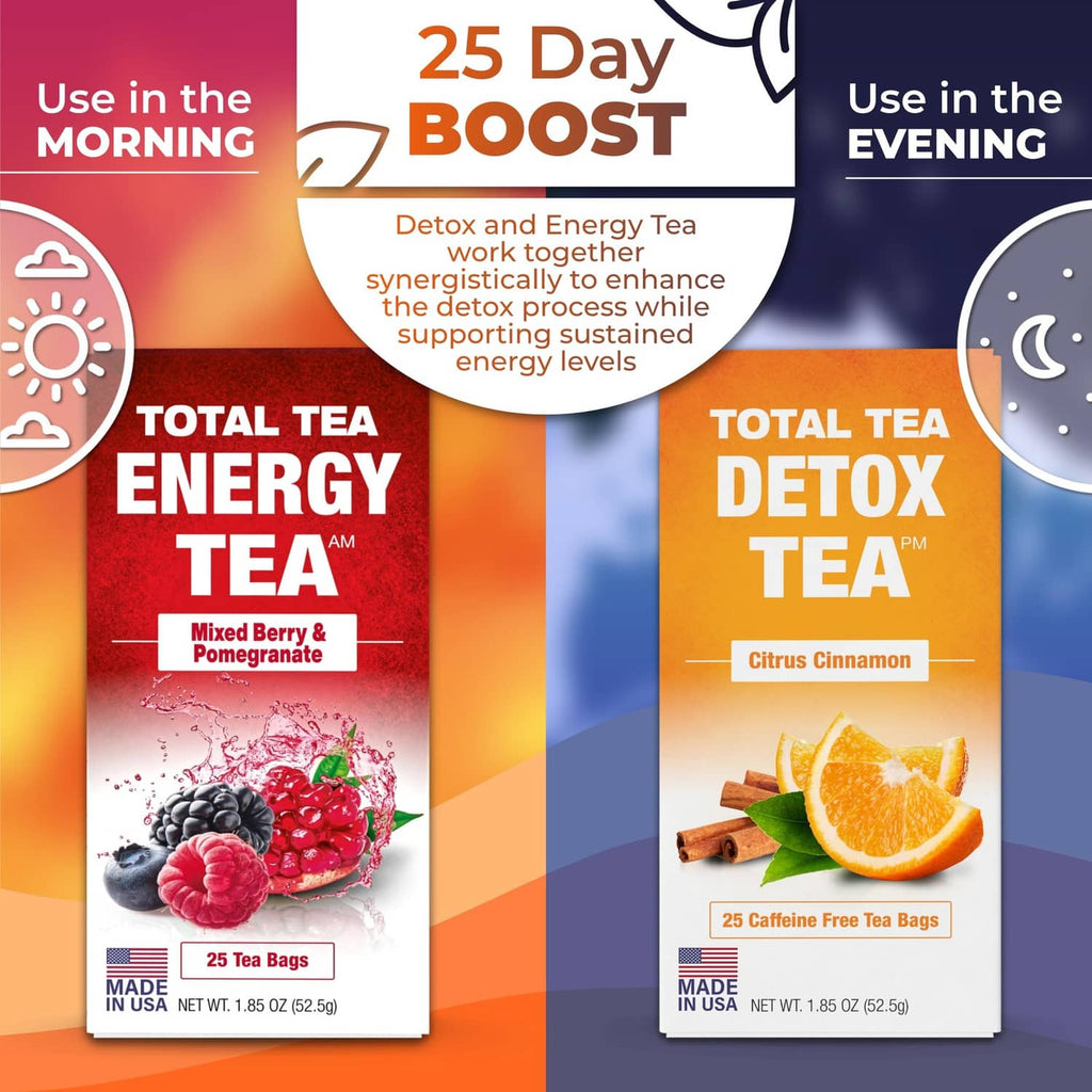 25-day tea boost and detox boxes labeled morning and evening
