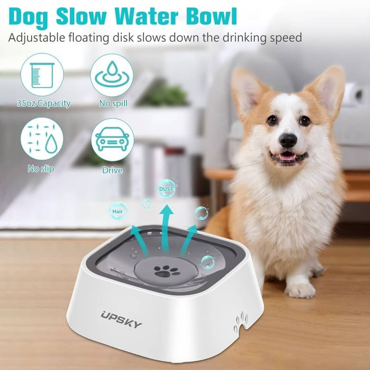 White no-spill pet water bowl with floating disk slow-feed design and paw icon.