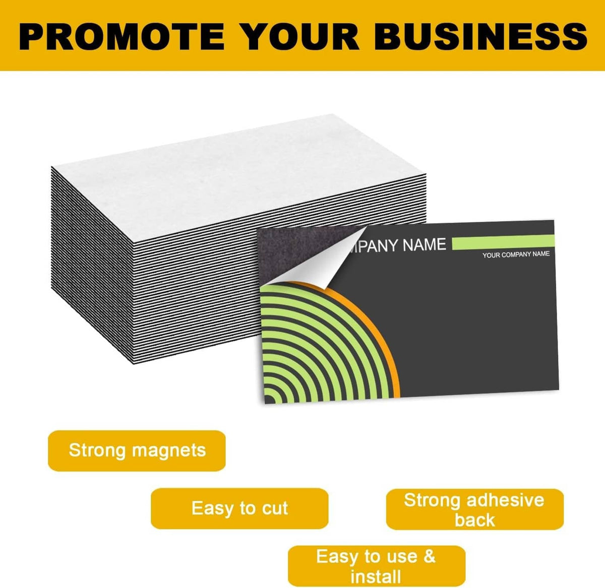 Business card magnets using flexible magnetic adhesive sheets with peel-and-stick backing
