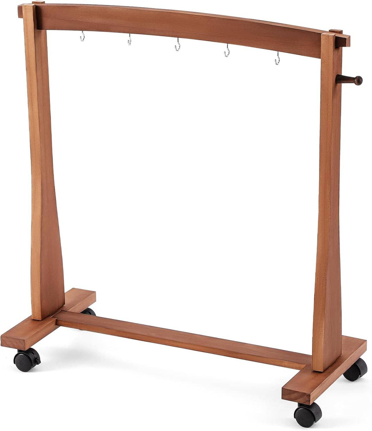 Freestanding wood gong chime stand with caster wheels, empty rectangular frame and hooks