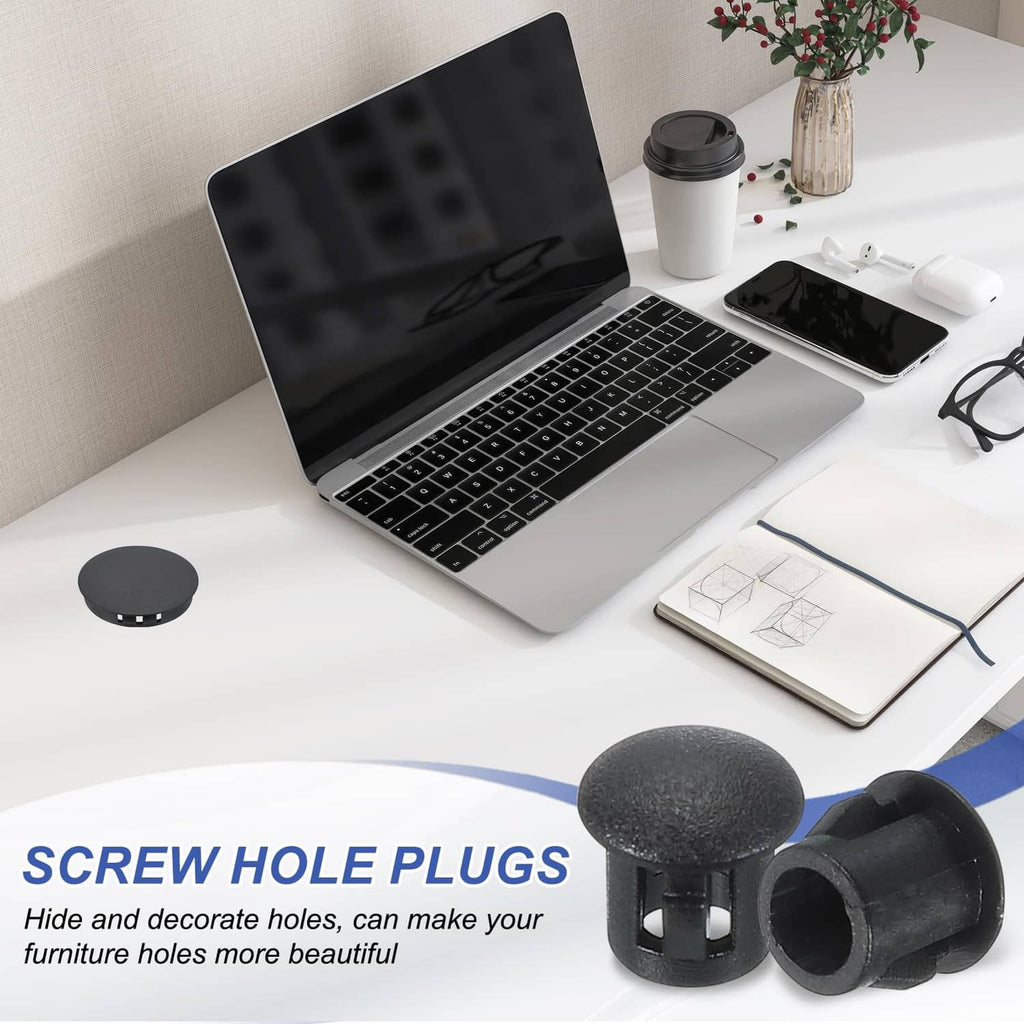 Black round plastic screw hole plugs with flush caps and open ridged base