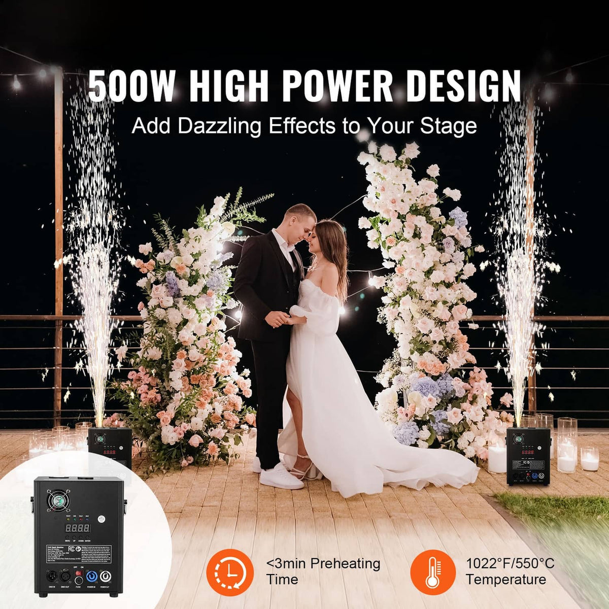 Black cold spark machine on floor, emitting tall white sparks for stage effect